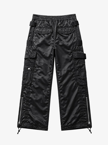 Multi-Pocket Zip Strap Glossy Nylon Moto Pants