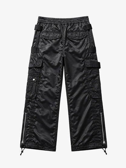 Multi-Pocket Zip Strap Glossy Nylon Moto Pants