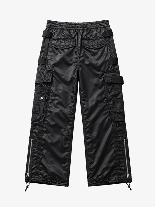 Multi-Pocket Zip Strap Glossy Nylon Moto Pants