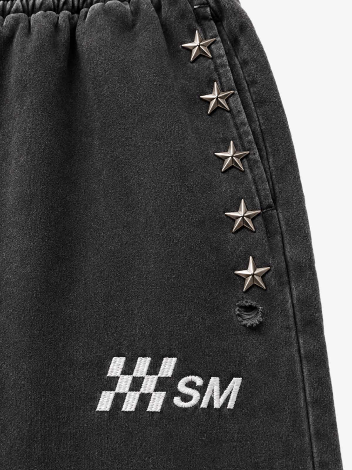 Star Studded Checkerboard Washed Wide-Leg Sweatpants