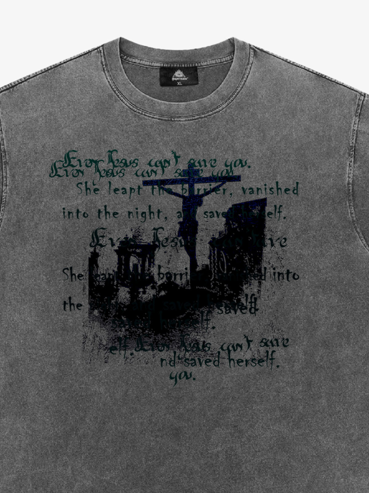 Washed Cross Overlay Text Graphic T-Shirt 