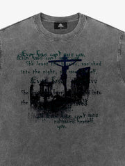 Washed Cross Overlay Text Graphic T-Shirt 