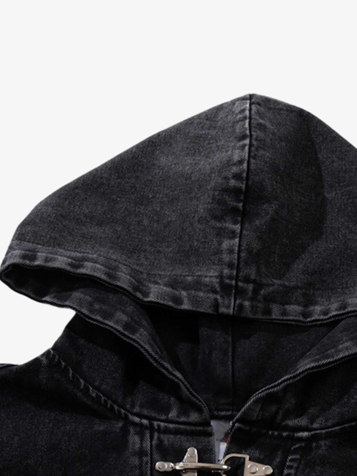 Denim Hoodie with Metal Toggle Closure Black Oversized Sweatshirt 