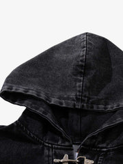Denim Hoodie with Metal Toggle Closure Black Oversized Sweatshirt 
