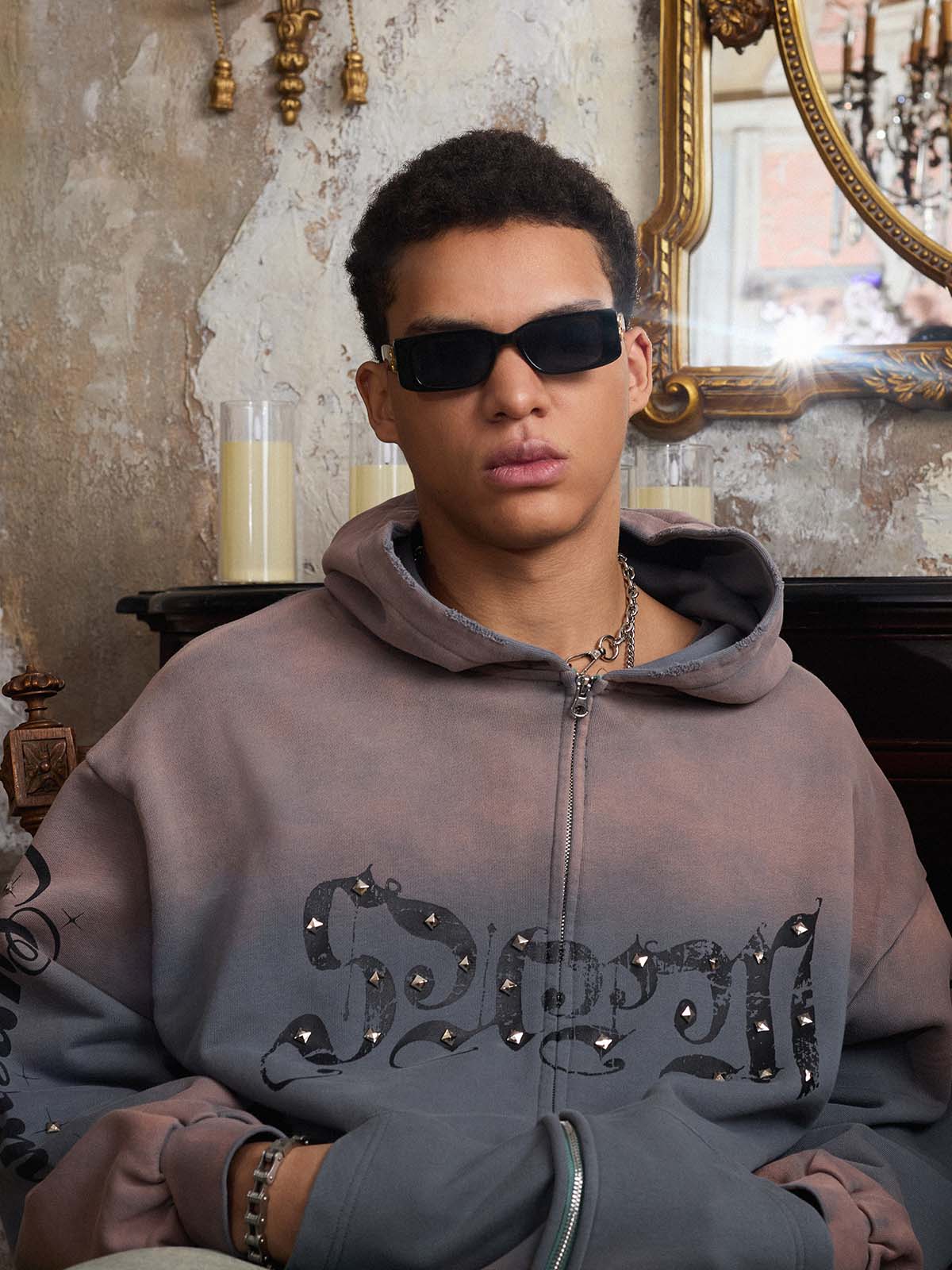 Supermade Vintage Distressed Studded Gothic Font Zipper Sweatshirt 