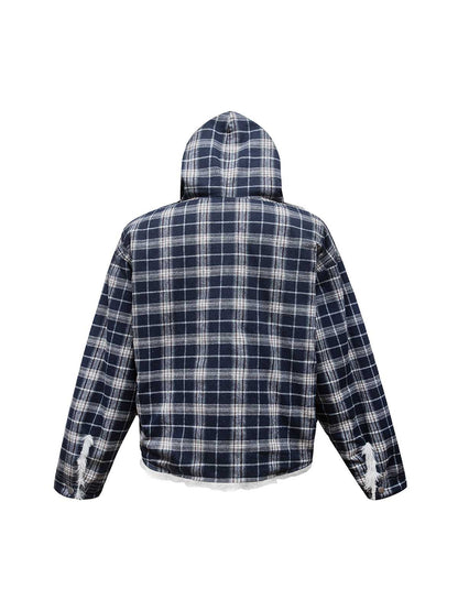 Plaid Sherpa Lined  Fur Hooded Jacket 