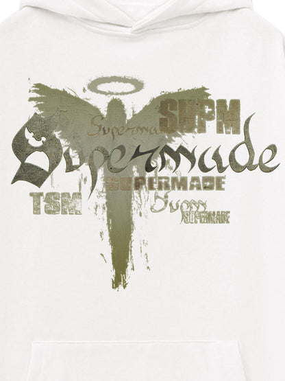 THE SUPERMADE A distressed trend print pattern hoodie that combines angel wings and gothic font elements 