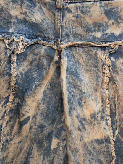 Double Waistband Acid Wash Patchwork Cargo Jeans