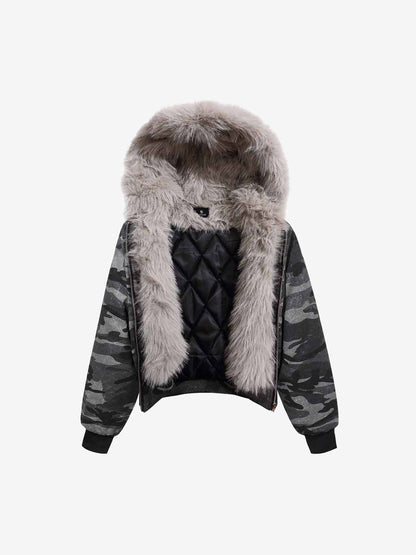 Vintage Camo Faux Fur Hood Padded Bomber Jacket 