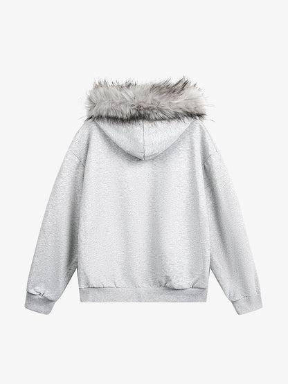 Thesupermade Detachable Fur Collar Half-zip Printed Hooded Cardigan Sweatshirt 