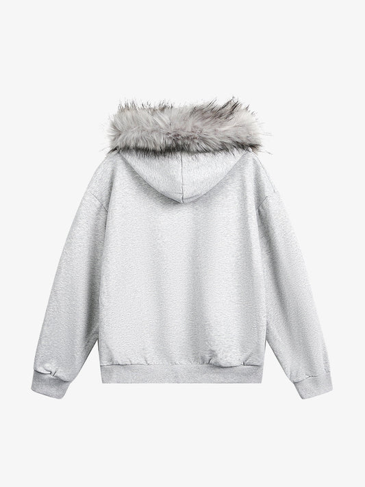 Thesupermade Detachable Fur Collar Half-zip Printed Hooded Cardigan Sweatshirt 