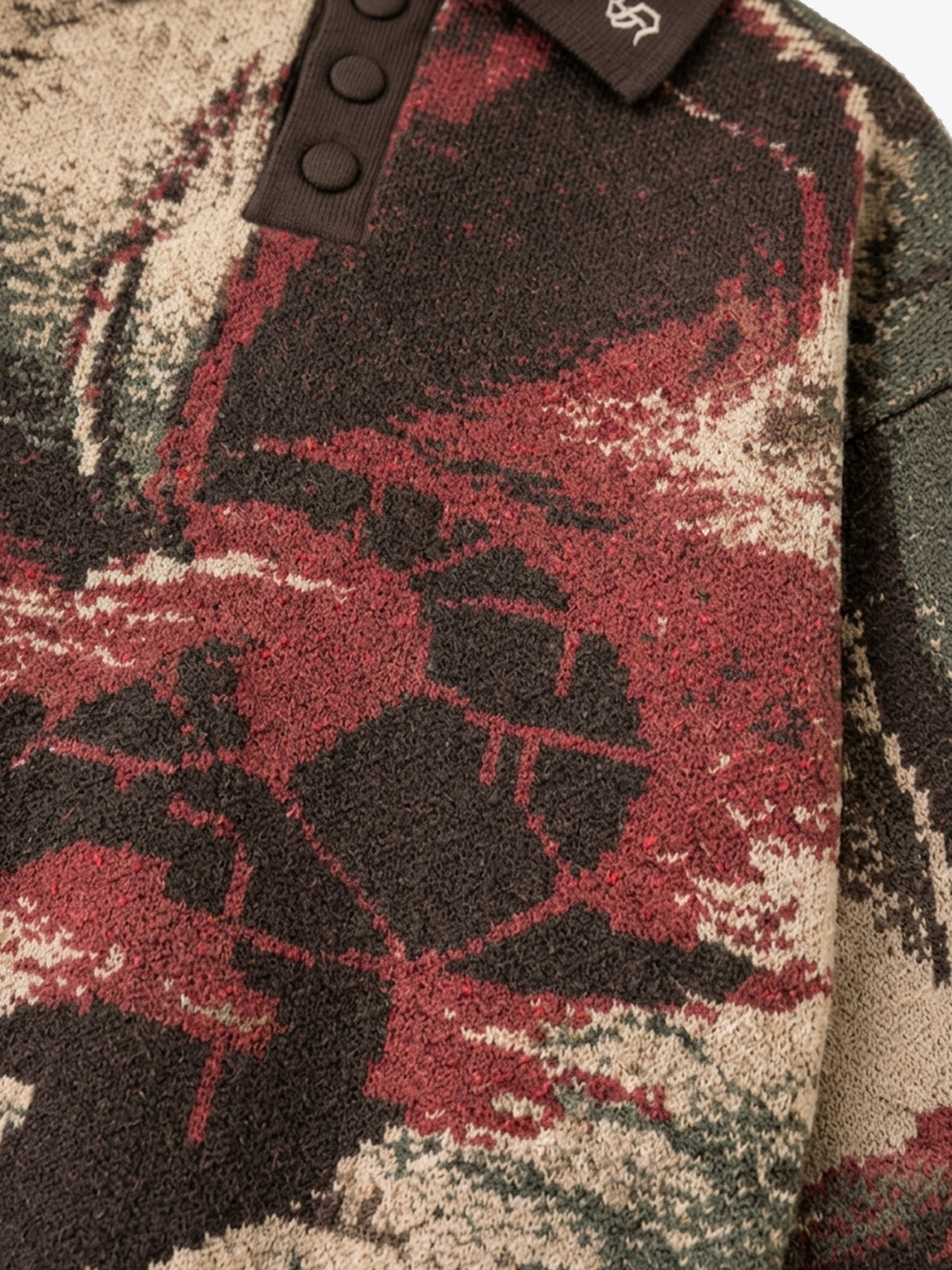 Distressed Camo Graphic Jacquard Knit Polo Sweater