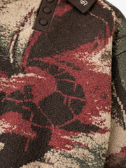 Distressed Camo Graphic Jacquard Knit Polo Sweater