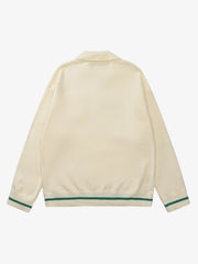 Retro Striped Contrast Panel Button-Up Collar Sweater 