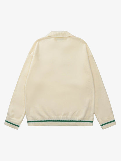 Retro Striped Contrast Panel Button-Up Collar Sweater 