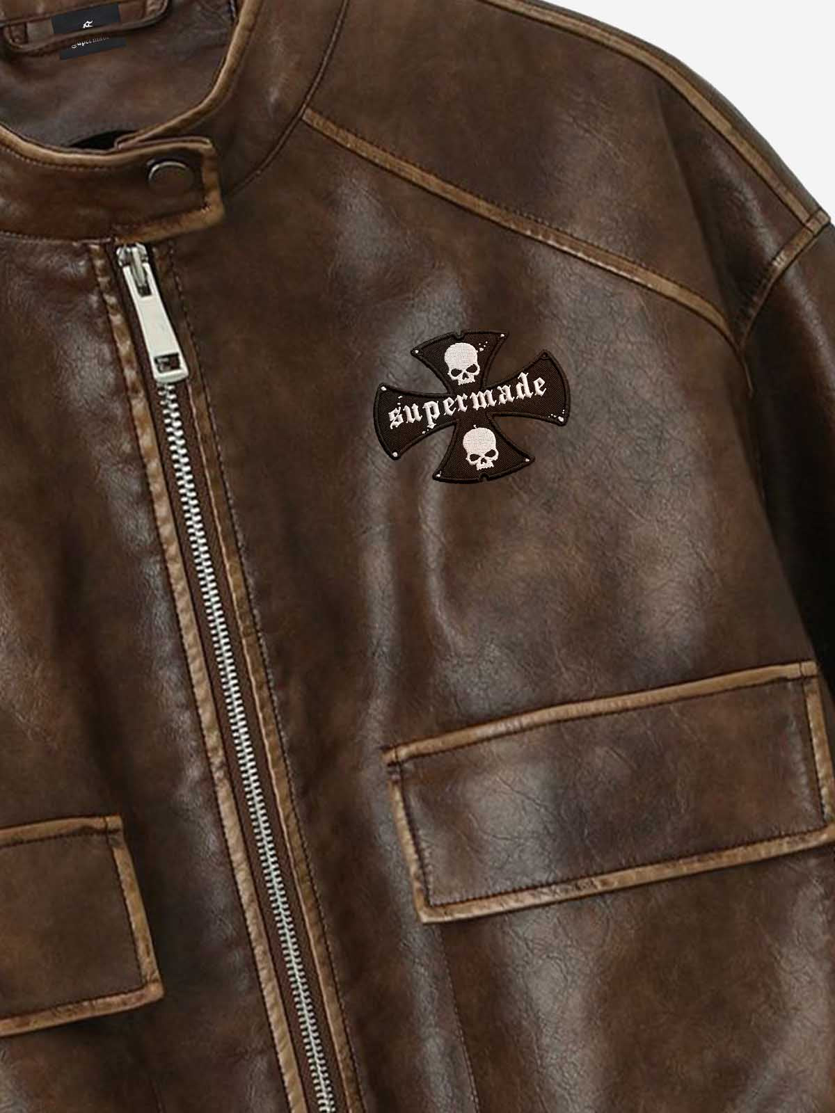 Embroidered Distressed Faux Leather Cropped Bomber Jacket