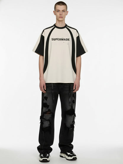 Thesupermade Horizontal Glitch Art Deconstruction Contrast Color Stitching Print T-shirt 
