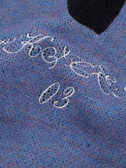 Contrast Panel Embroidered Polo Knit Sweater