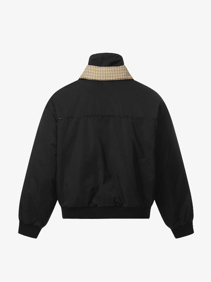 Stylish Black Bomber Jacket with Plaid Collar for Men - Perfect for Casual and Outdoor Wear 