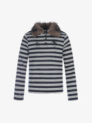 Striped Faux Fur Collar Long Sleeve Tee