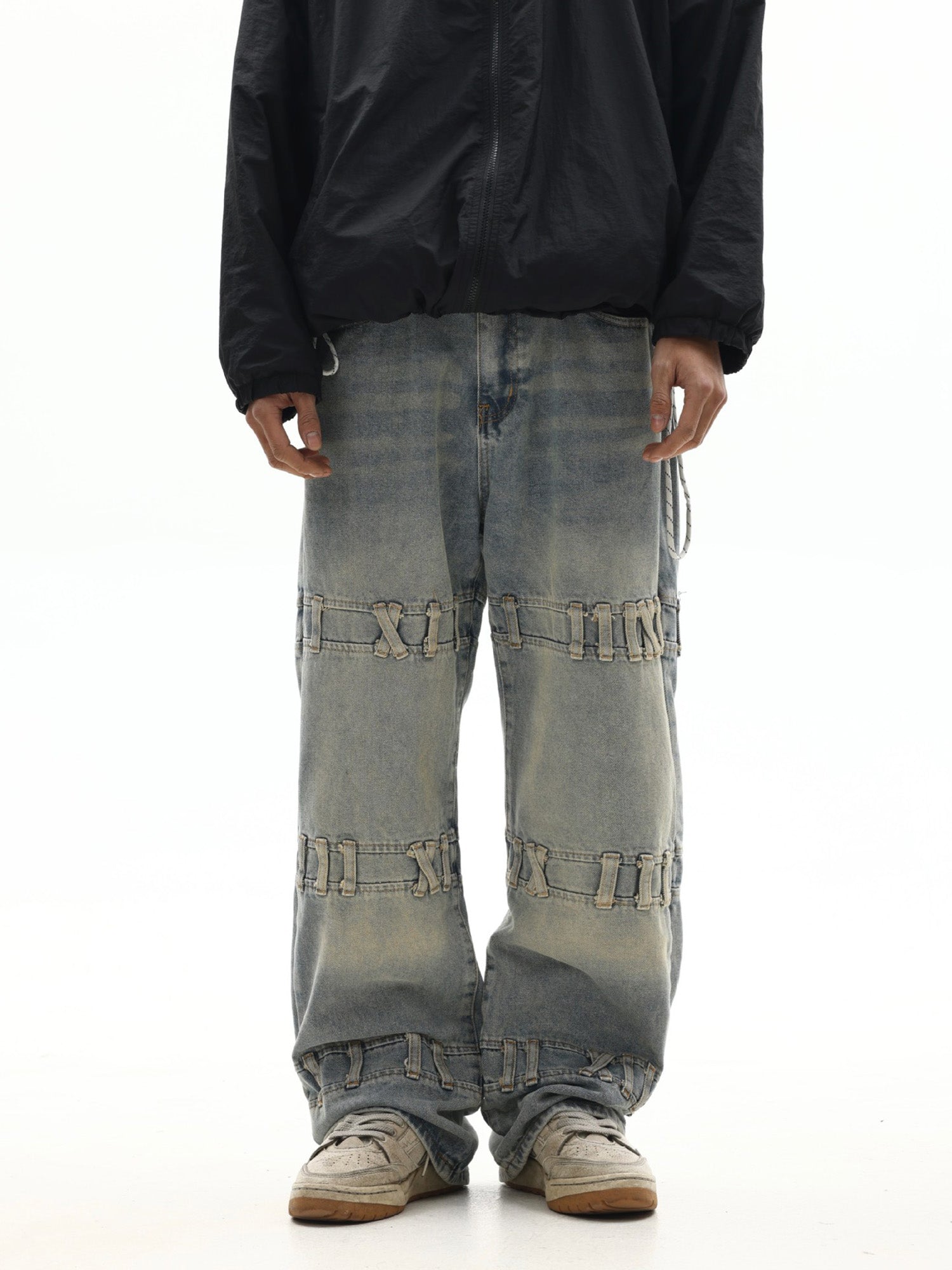 Street Fashion Creative Trouser Loop Design Washed Jeans