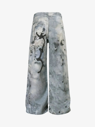 Abstract 3D Digital Print Wide-Leg Jeans 