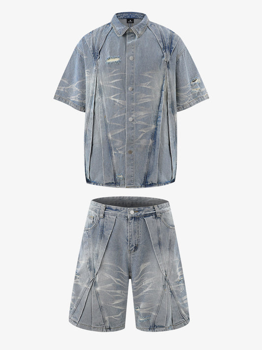 Washed Black Branch Print Deconstructed Denim Set