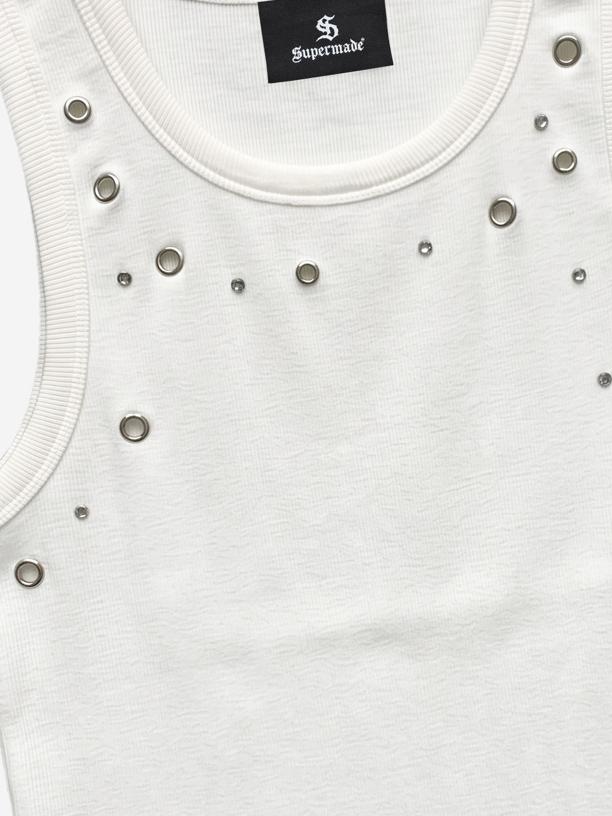 Stretch ribbed fabric punk y2k streetwear vest, adorned with metal buttonholes and letter embroidery.