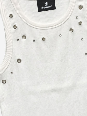 Stretch ribbed fabric punk y2k streetwear vest, adorned with metal buttonholes and letter embroidery.