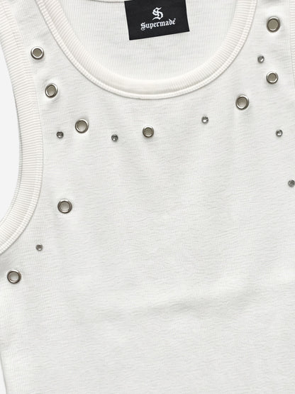 Stretch ribbed fabric punk y2k streetwear vest, adorned with metal buttonholes and letter embroidery.