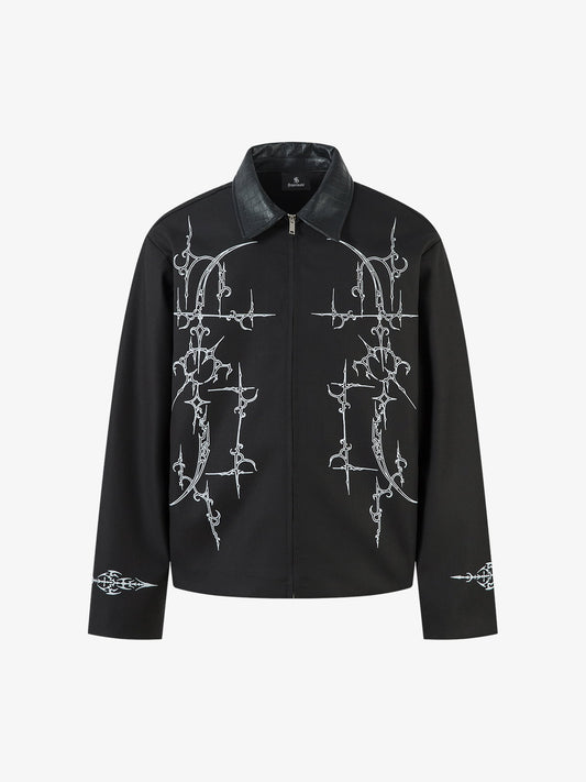 Stylish Black Jacket with Intricate White Embroidery Design 