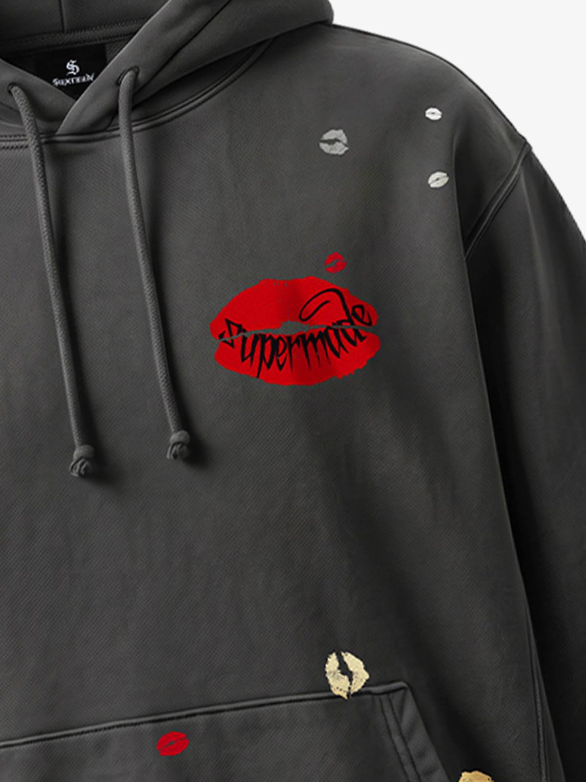 Fleece Cotton Blend Hoodie with Lip Print Embroidery