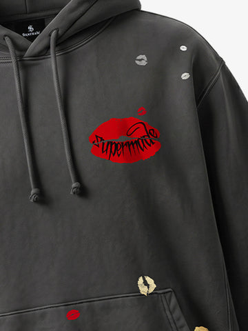 Fleece Cotton Blend Hoodie with Lip Print Embroidery