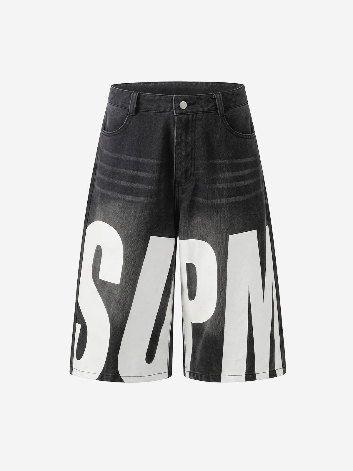 Jeansshorts mit Used-Look und SUPM-Buchstabenprint