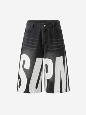 Jeansshorts mit Used-Look und SUPM-Buchstabenprint