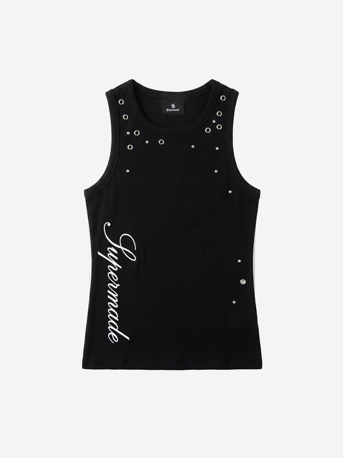 Stretch ribbed fabric punk y2k streetwear vest, adorned with metal buttonholes and letter embroidery.