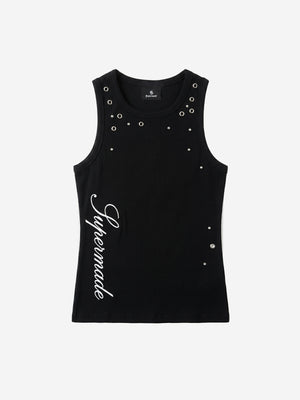 Stretch ribbed fabric punk y2k streetwear vest, adorned with metal buttonholes and letter embroidery.