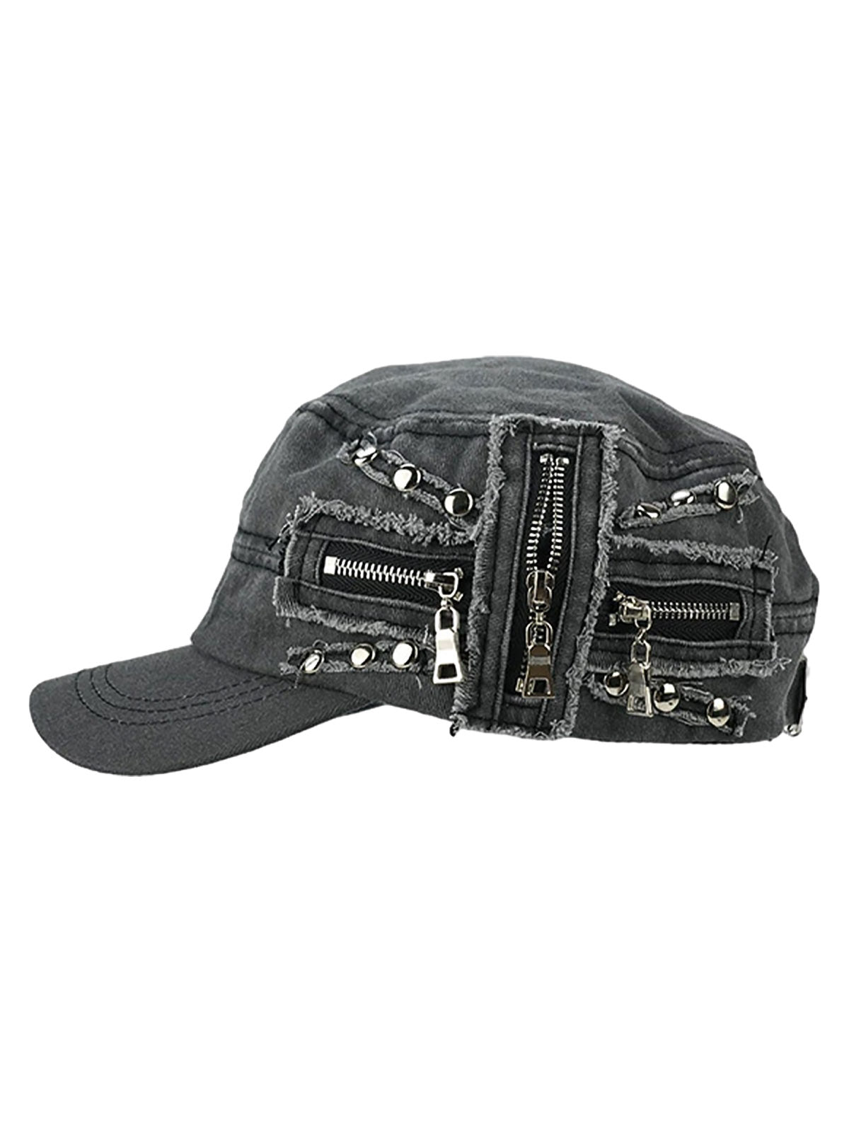 Washed Rivet Zipper Flat Top Cap