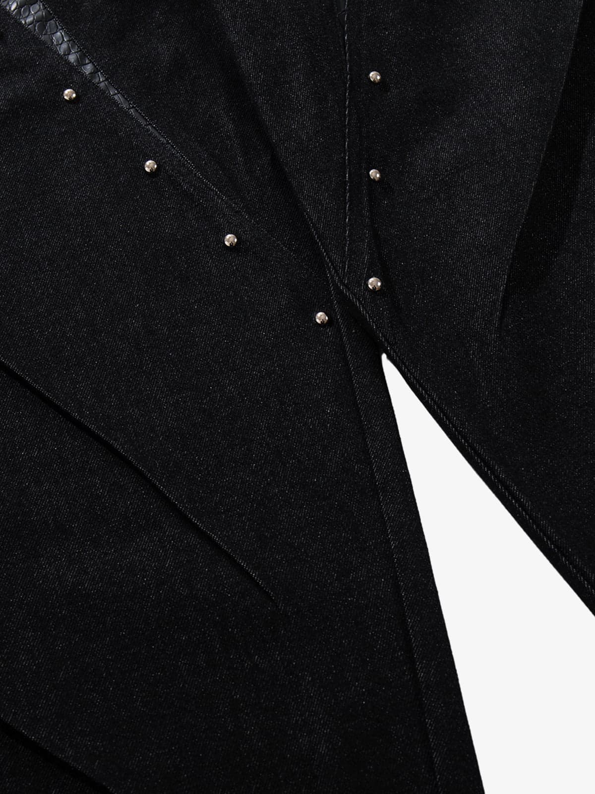 Black Denim Wide-Leg Cropped Pants with Leather Panels and Stud Details 