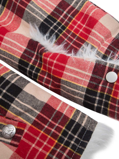 Plaid Sherpa Lined  Fur Hooded Jacket 