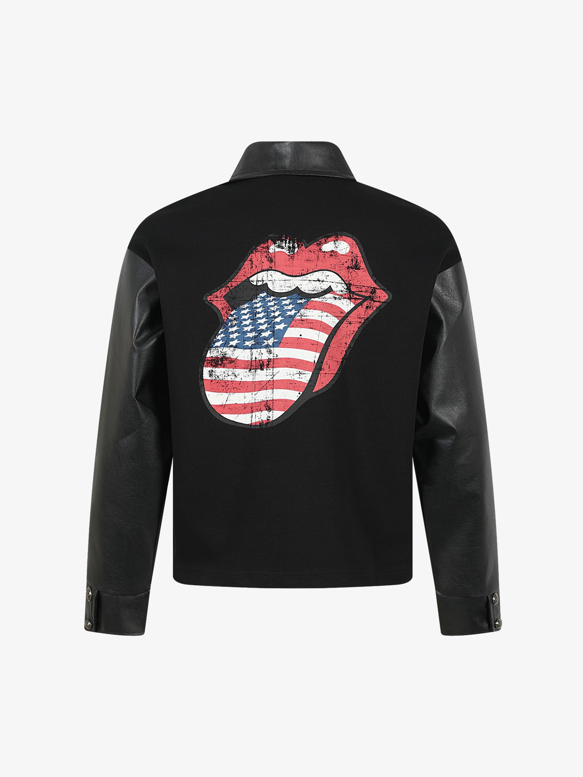 Distressed Graphic Faux Leather Long Sleeve Polo