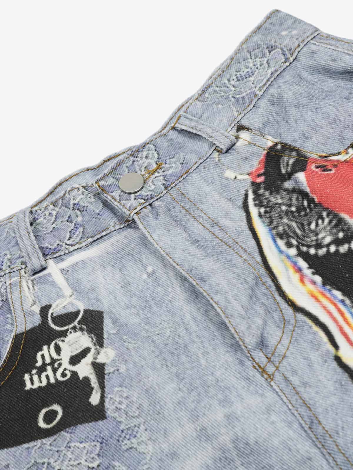 Ribbon Print Scimitar Wide-Leg Jeans 