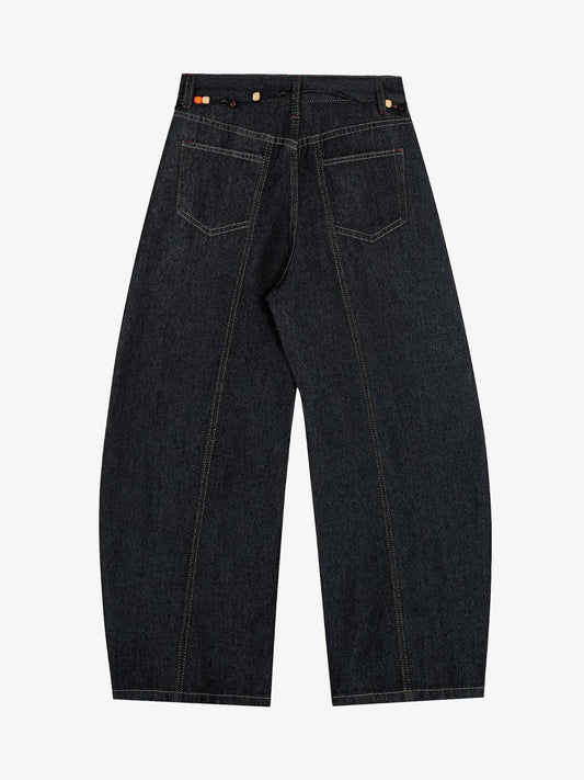 Stylish High-Waisted Denim Trousers with Beaded Drawstring Detail 