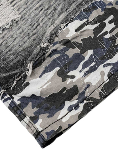 Distressed Camouflage Denim Shorts 