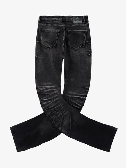 Vintage Distressed Button Fly Ruched Panel Flared Jeans