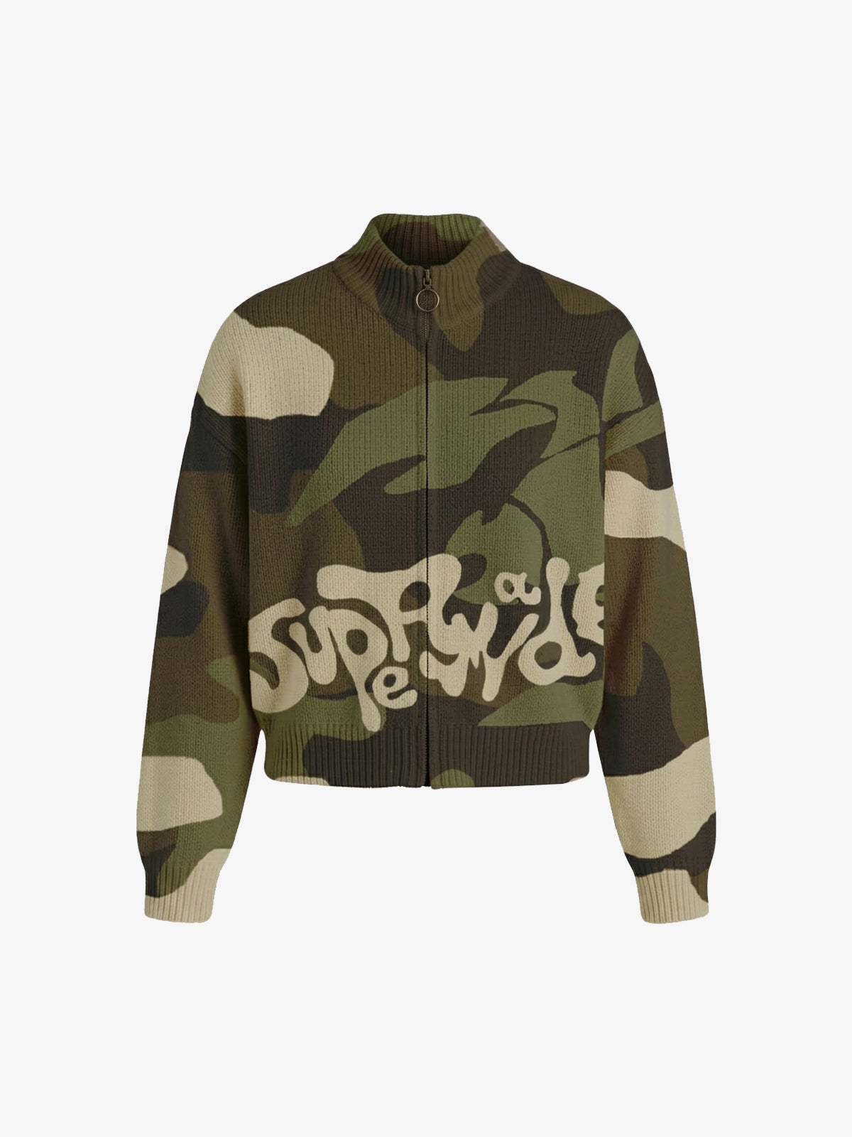 Camo Pattern Jacquard Knit Full-Zip Stand Collar Sweater