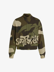 Camo Pattern Jacquard Knit Full-Zip Stand Collar Sweater