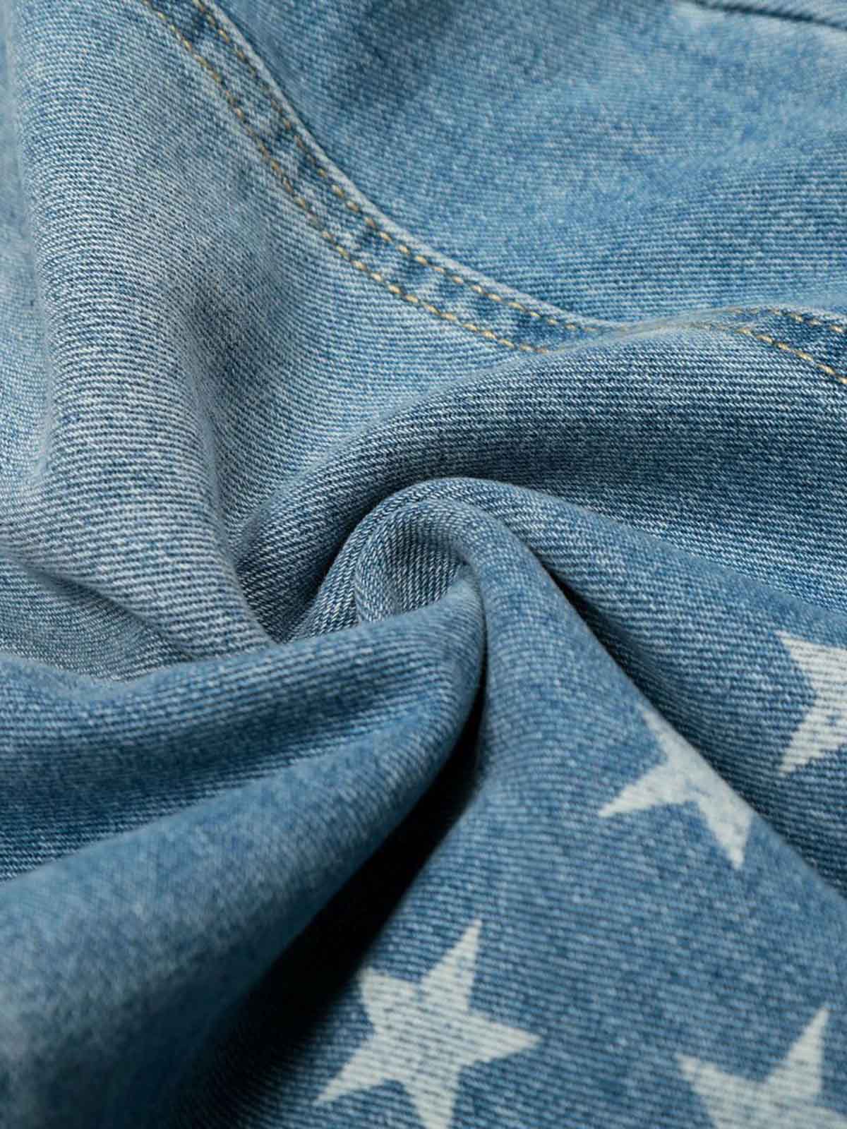 Denim Star-Print Wide-Leg Crop Pants with High Waist and Front Zipper Closure 