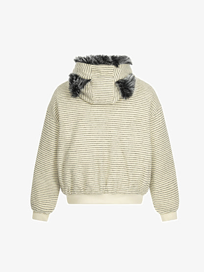 Striped Hooded Jacket with Faux Fur Trim for Winter and Fall 