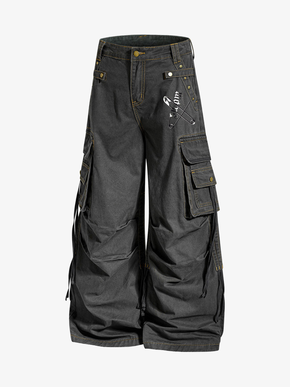 Retro punk style multi-pocket wide-leg cargo pants with rivet pleats and logo print design. 